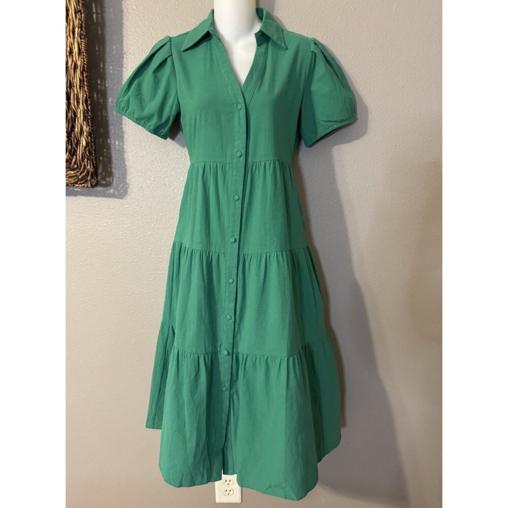 Area Stars Midi Dress XS Extra Small Green Cotton Tiered Short Sleeve Washable